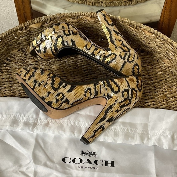 Coach Shoes - COACH GENUINE SEQUINED leopard  PRINT HEELS,
UNIQUE EUC 5.5 on trend, metallic